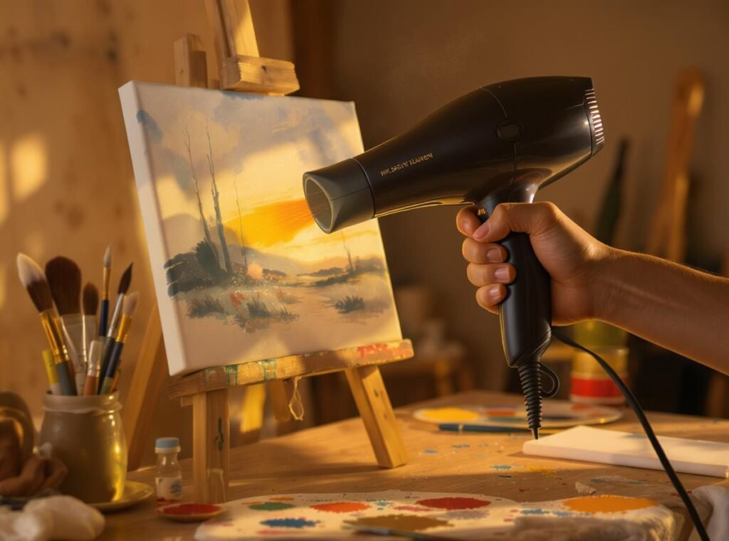 Hair dryer being used to dry paint on small canvas artwork in artist studio