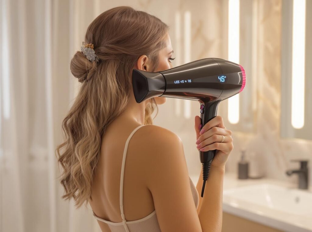 Professional hair dryer with LED temperature display being used by woman in luxury bathroom