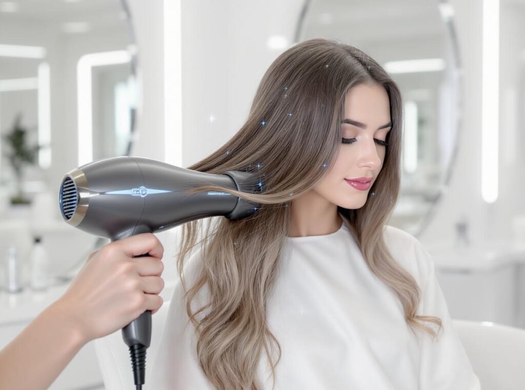 Professional ionic hair dryer eliminating static electricity for smooth, shiny hair in modern salon