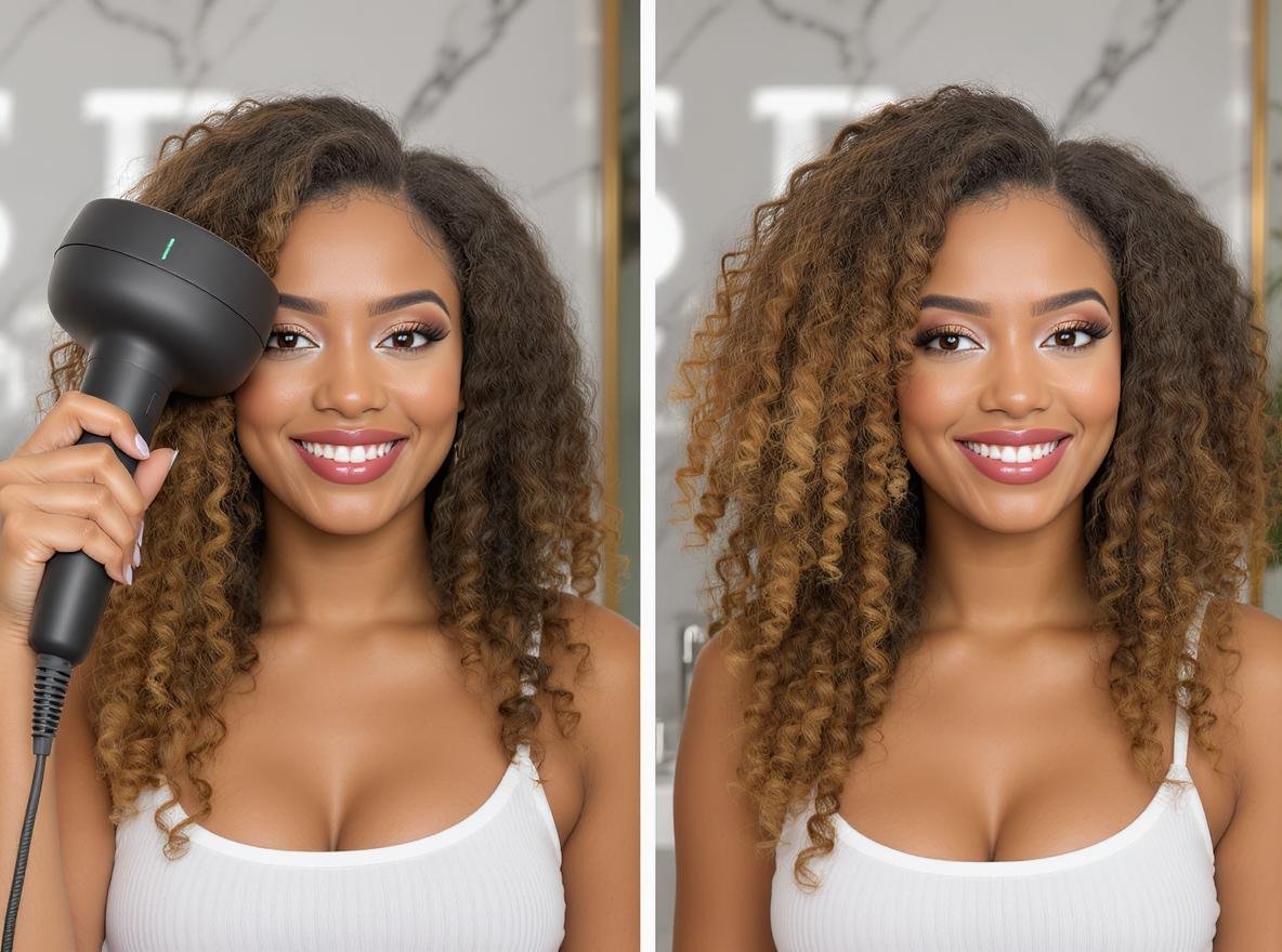 Professional hair diffuser being used on 3A and 4C curls showing defined results without frizz