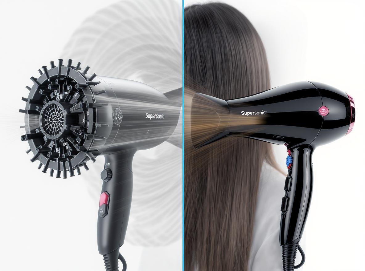 Supersonic hair dryer vs traditional hair dryer comparison showing speed and design differences