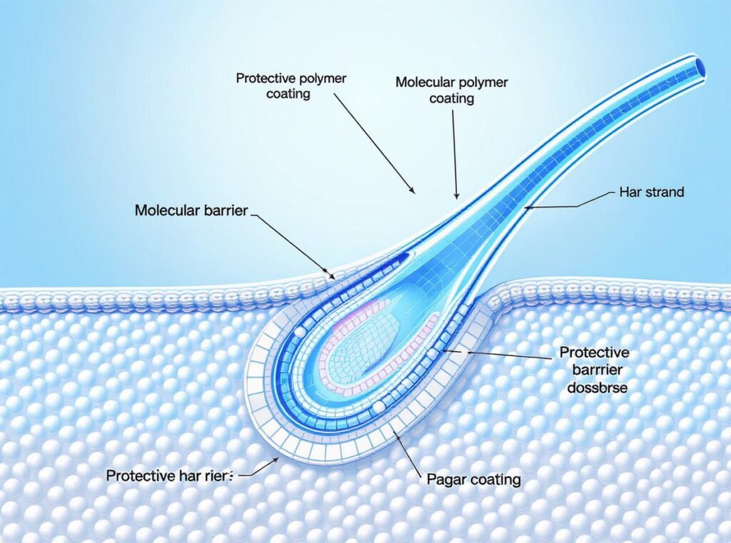 Scientific illustration showing how heat protectants create protective barriers on hair strands