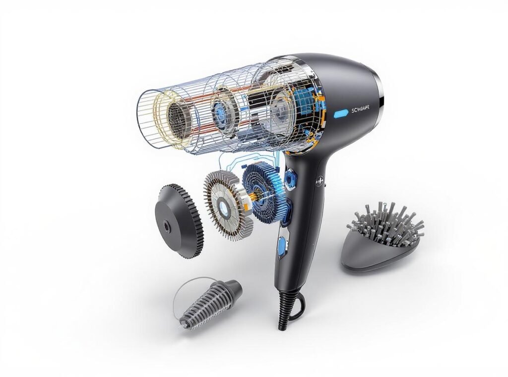 Hair dryer technology components showing advanced motor and ionic systems