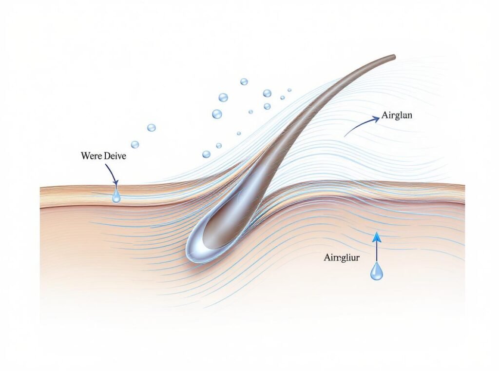 Scientific diagram showing how high-speed airflow removes moisture from hair strands
