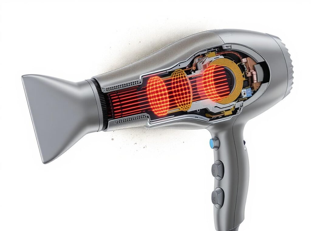 Hair dryer internal components showing dust buildup and overheating elements