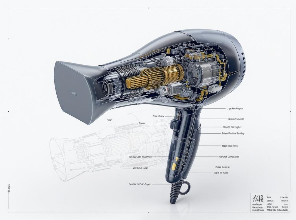 RevAir hair dryer internal components showing reverse-air technology and premium engineering