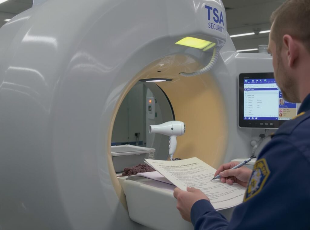 Hair dryer passing through TSA security checkpoint X-ray scanner