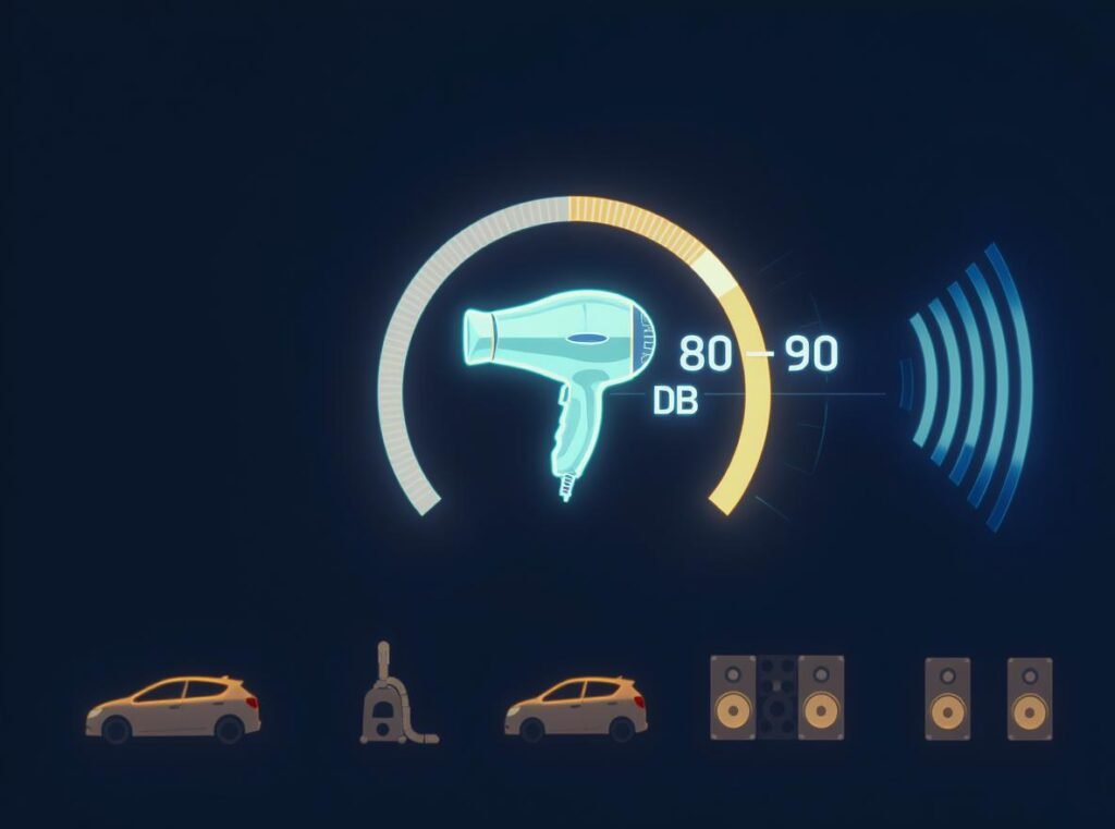Hair dryer decibel levels compared to other common sounds infographic