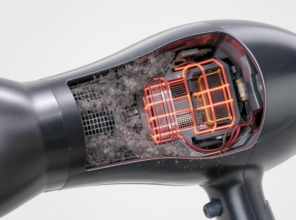 Hair dryer internal components showing blocked vents and overheated elements causing fire risk