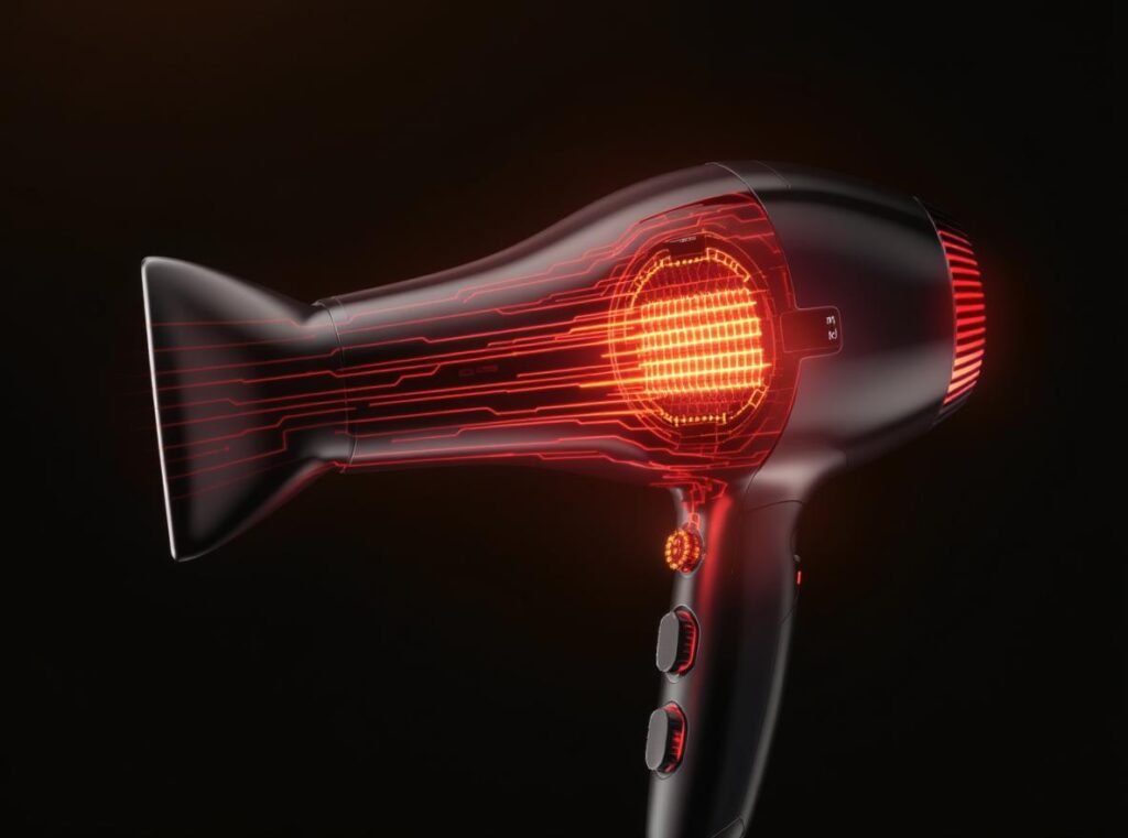 Hair dryer hot setting power consumption showing heating elements and high wattage usage