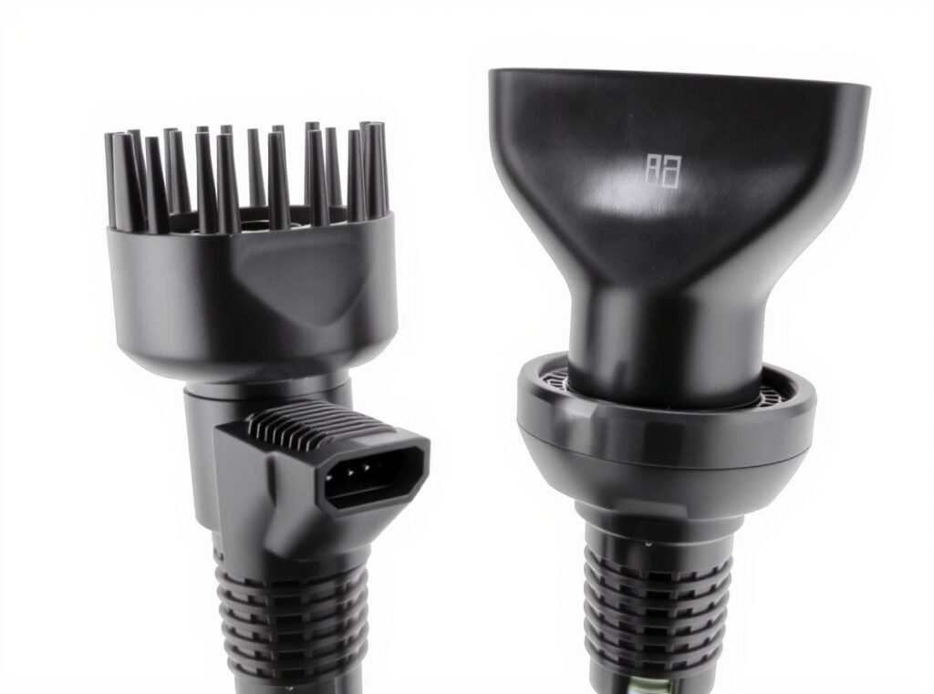 Close-up view of different hair dryer nozzle sizes and diffuser attachment mechanisms