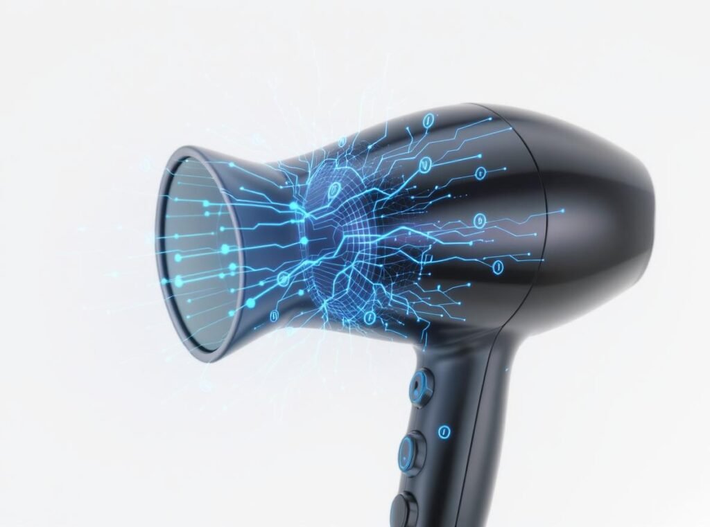 Ionic hair dryer showing negative ion technology visualization