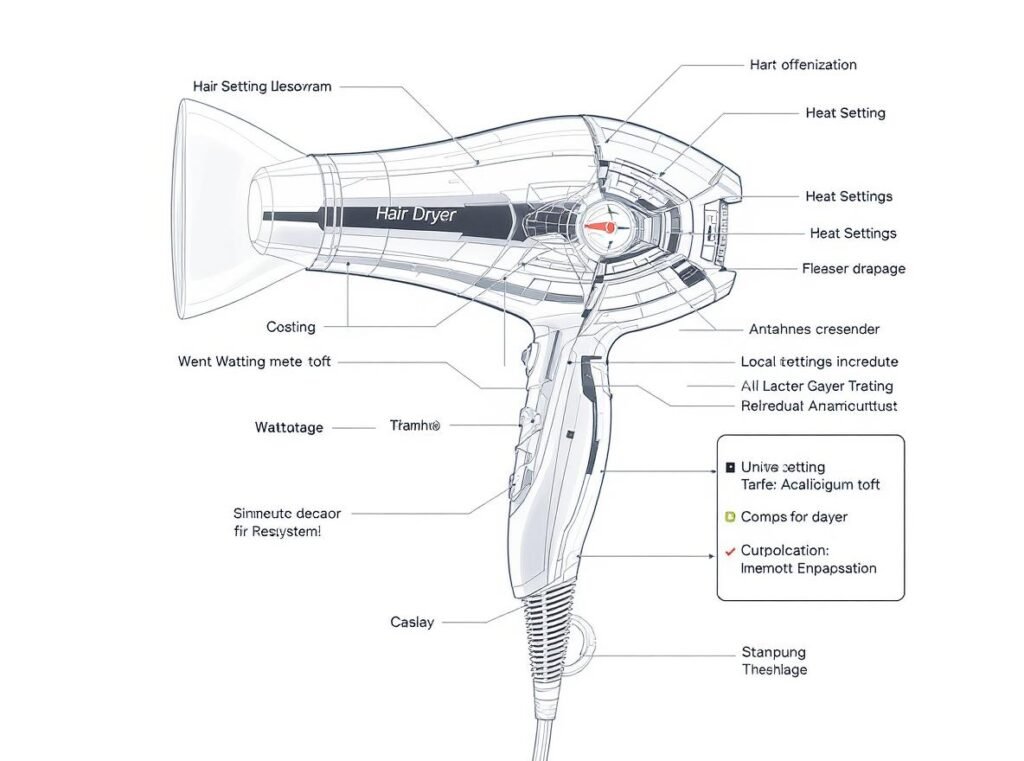 Hair dryer features guide showing ionic technology, wattage, and essential attachments
