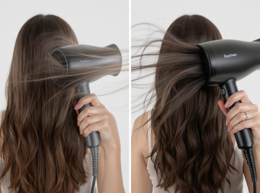 Hair dryer performance comparison showing different wattage effects on airflow