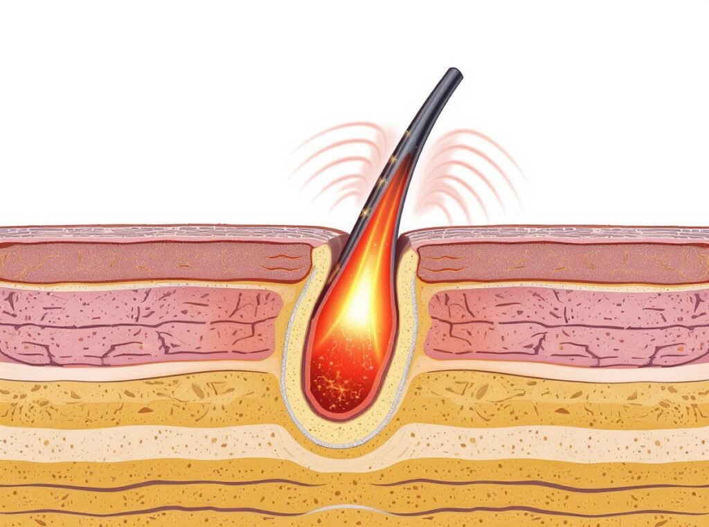 Cross-section diagram showing infrared waves penetrating hair shaft and heating water molecules from inside