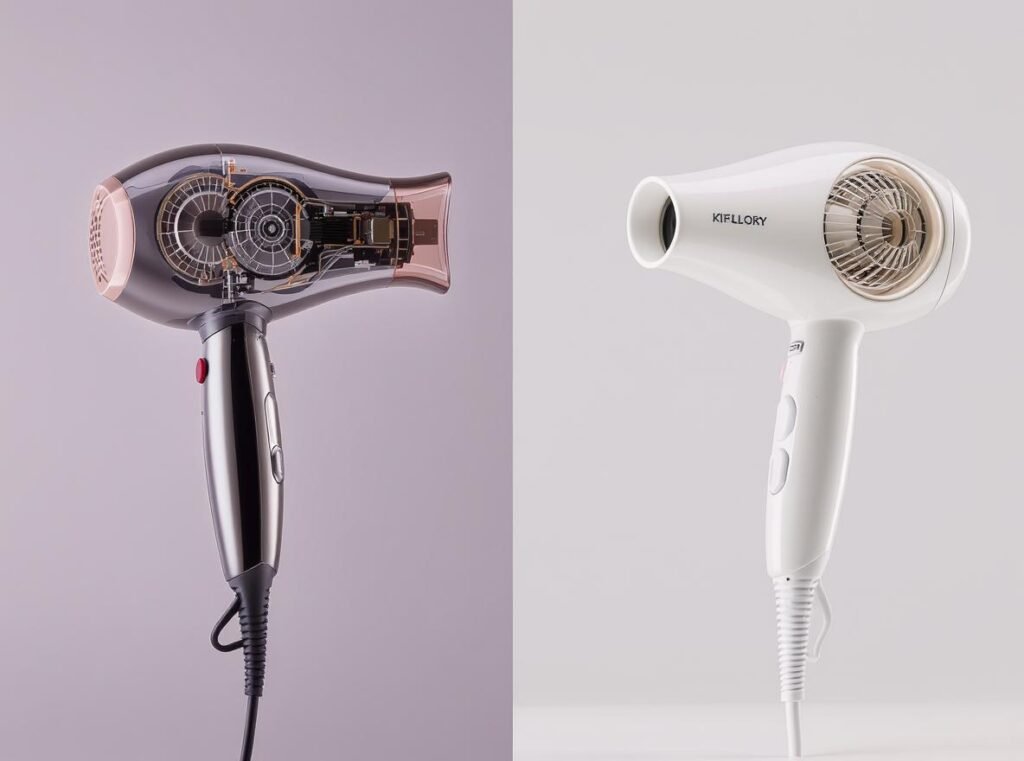 Premium hair dryer with advanced motor technology compared to basic budget model