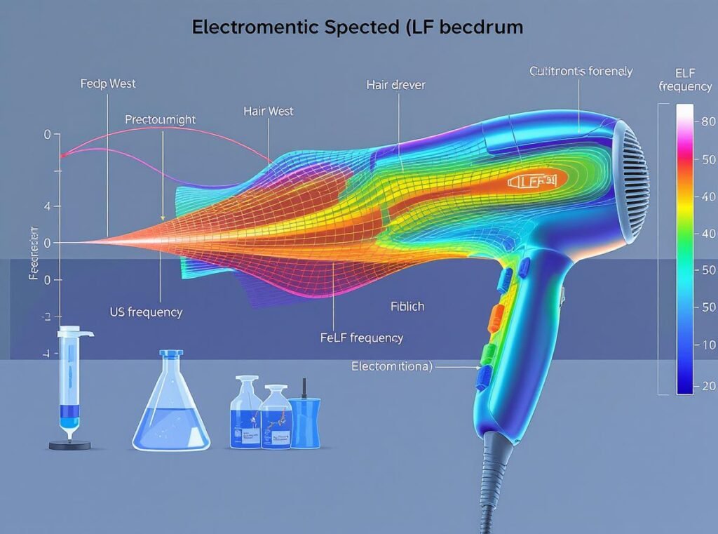 Scientific visualization of electromagnetic frequency spectrum emitted by hair dryers showing ELF-EMF radiation