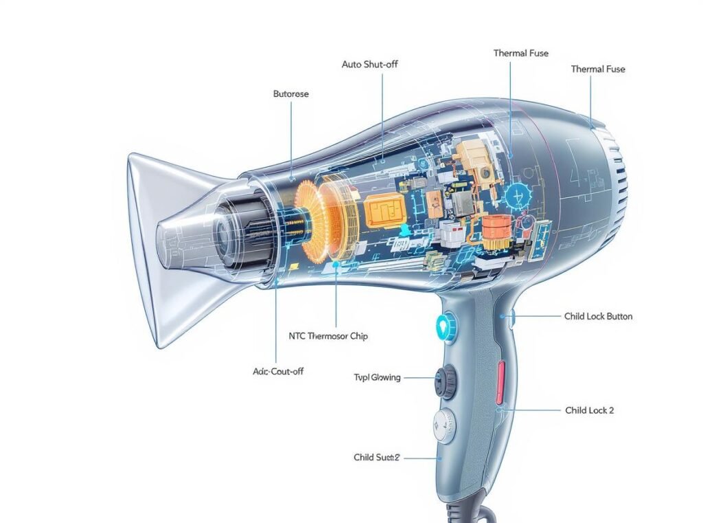 Hair dryer safety features diagram showing NTC thermistor and thermal protection