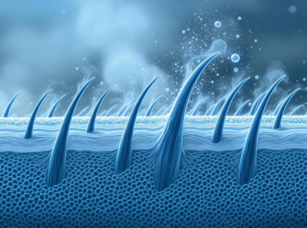 Scientific illustration showing how humidity causes hair cuticles to lift and create frizz