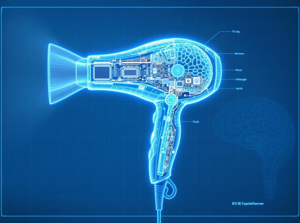 Internal components of AI-powered hair dryer showing sensors and technology