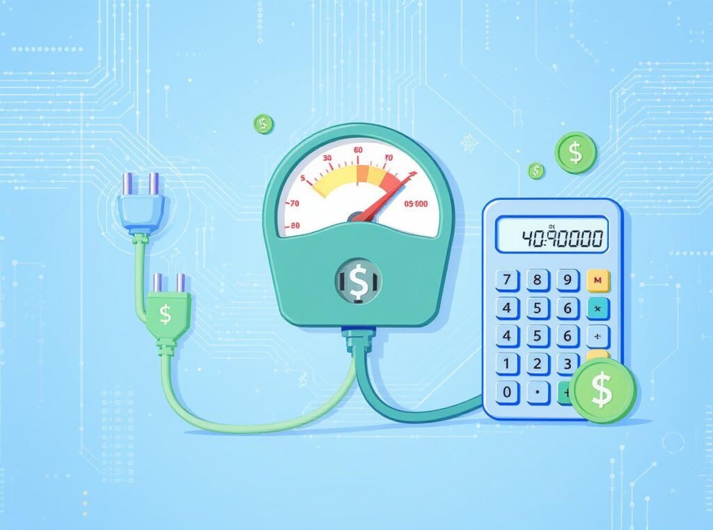 Hair dryer energy consumption cost calculation infographic with electricity meter and cost symbols