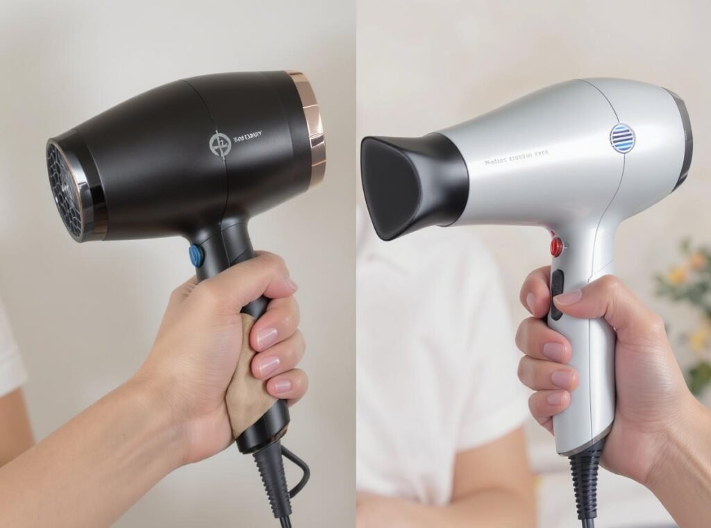 Comparison of traditional heavy hair dryer vs lightweight arthritis-friendly model