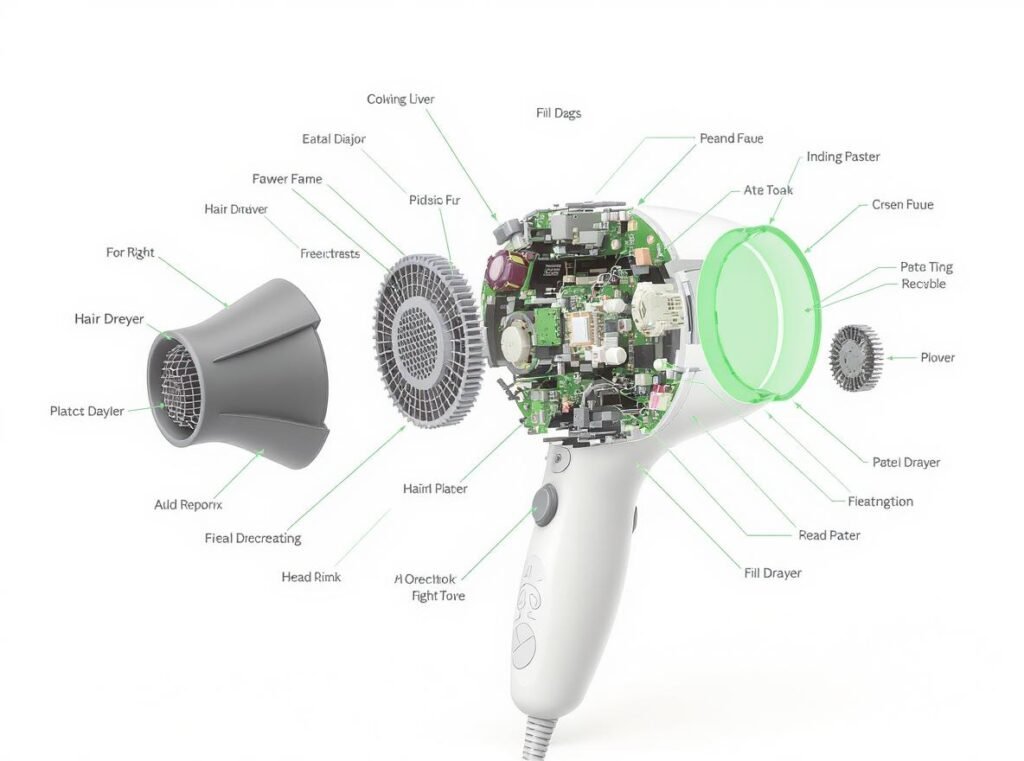Hair dryer components breakdown showing recyclable materials and parts
