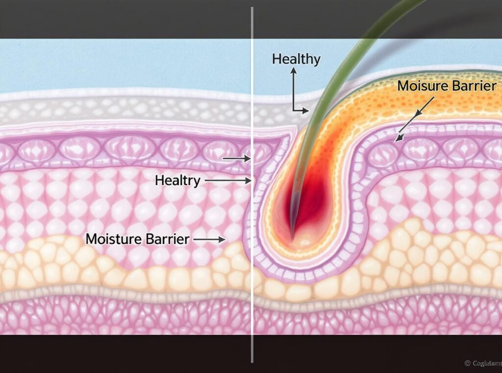 Cross-section diagram showing how excessive heat damages sensitive scalp tissue and moisture barrier
