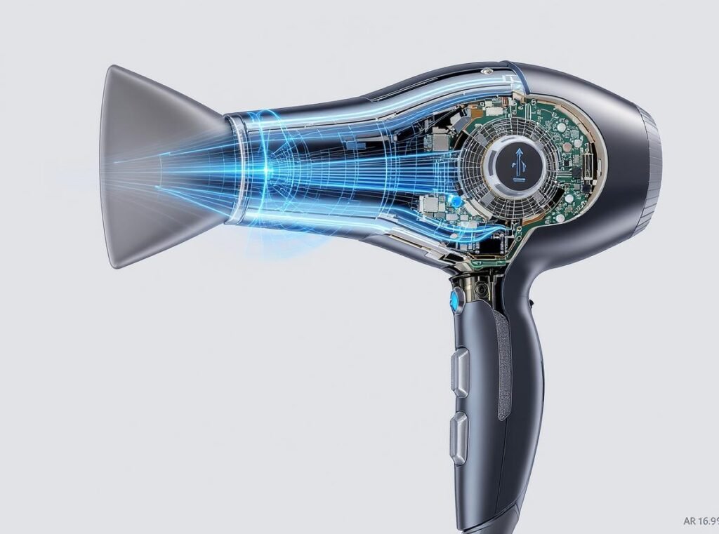 Technical diagram showing proximity sensor placement and infrared detection technology inside hair dryers