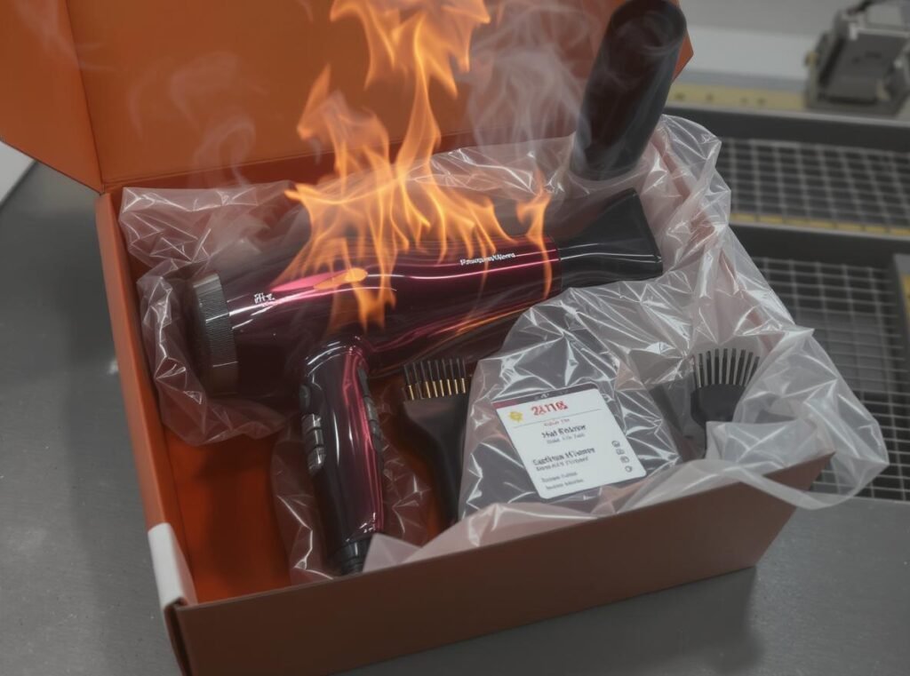 New hair dryer manufacturing process showing normal burn-off causing temporary burning smell