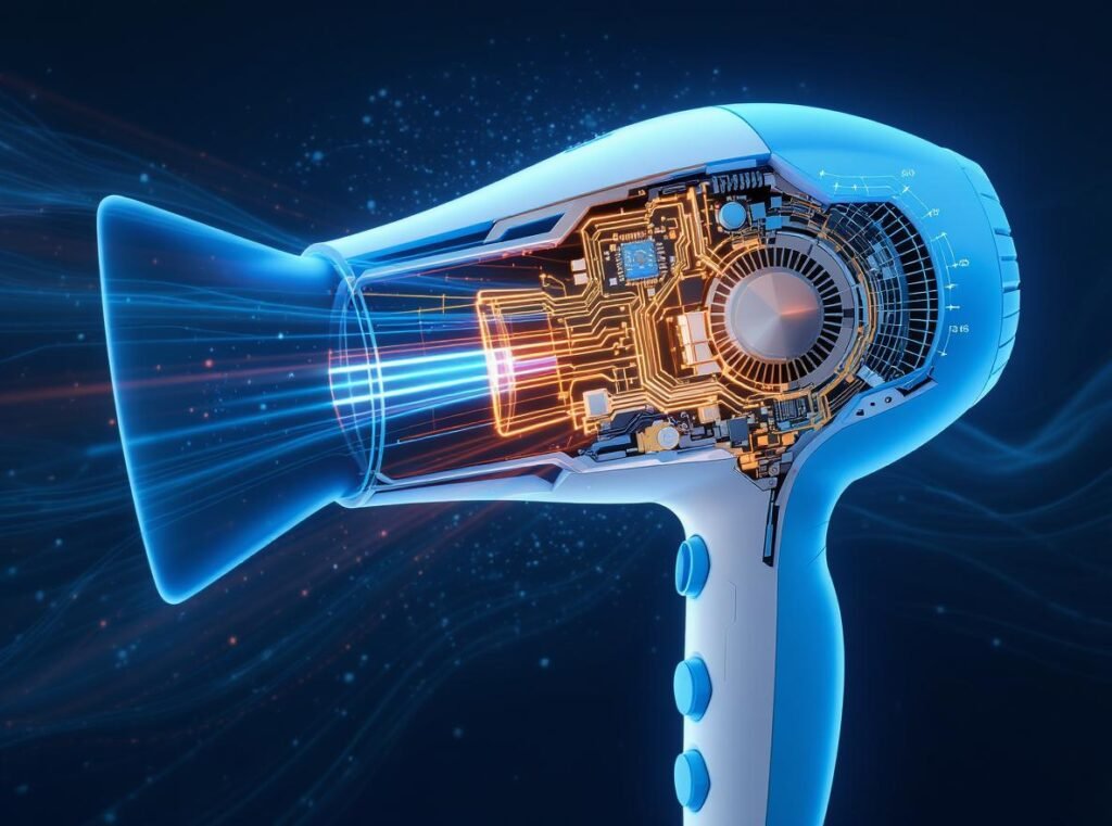 Internal components of moisture-sensing hair dryer showing sensor technology