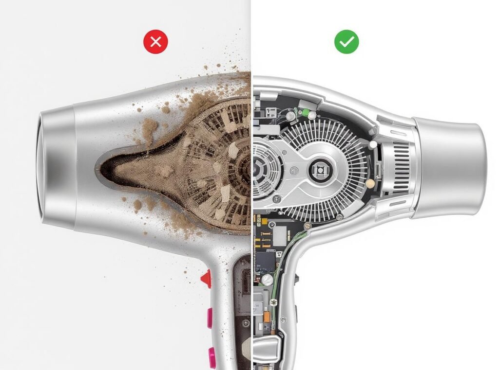 Comparison of damaged vs maintained hair dryer showing internal component failures