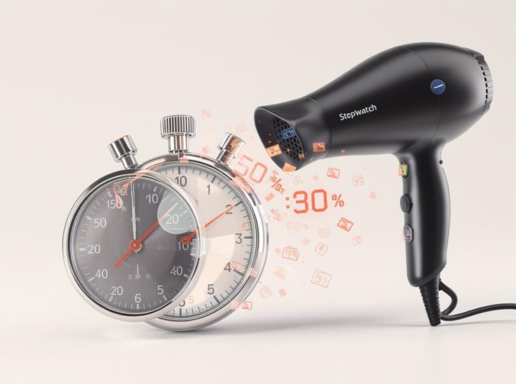 Battery hair dryer runtime duration timer showing 30-40 minutes usage time