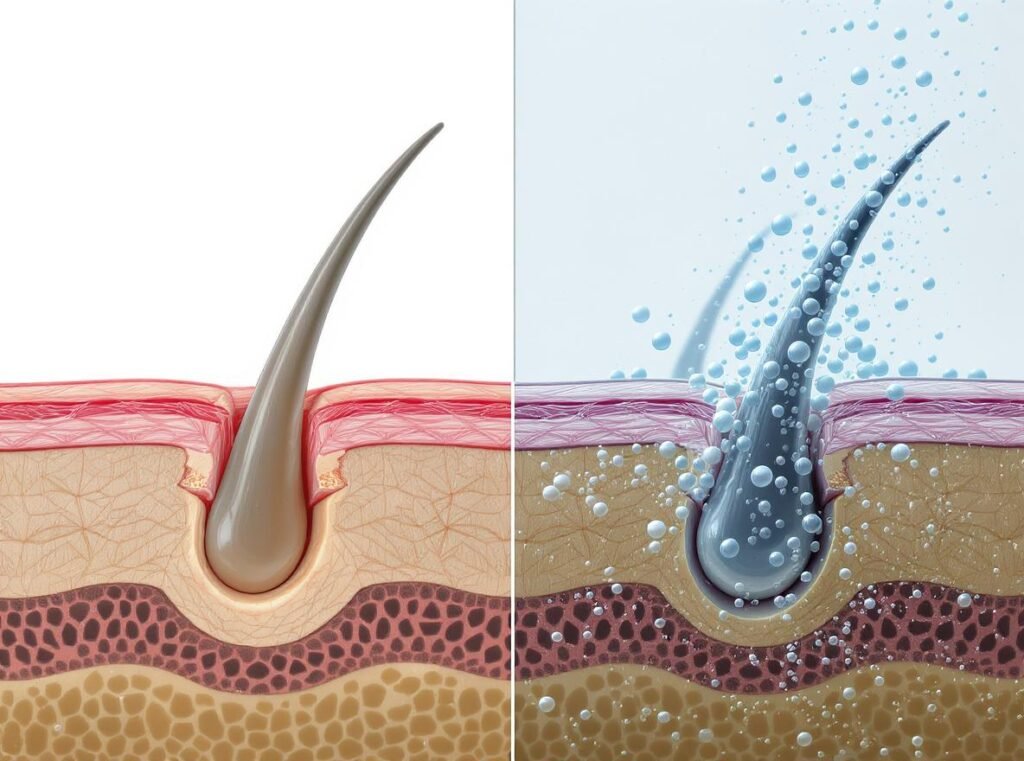 Hair cuticle structure comparison in dry vs humid conditions showing moisture damage