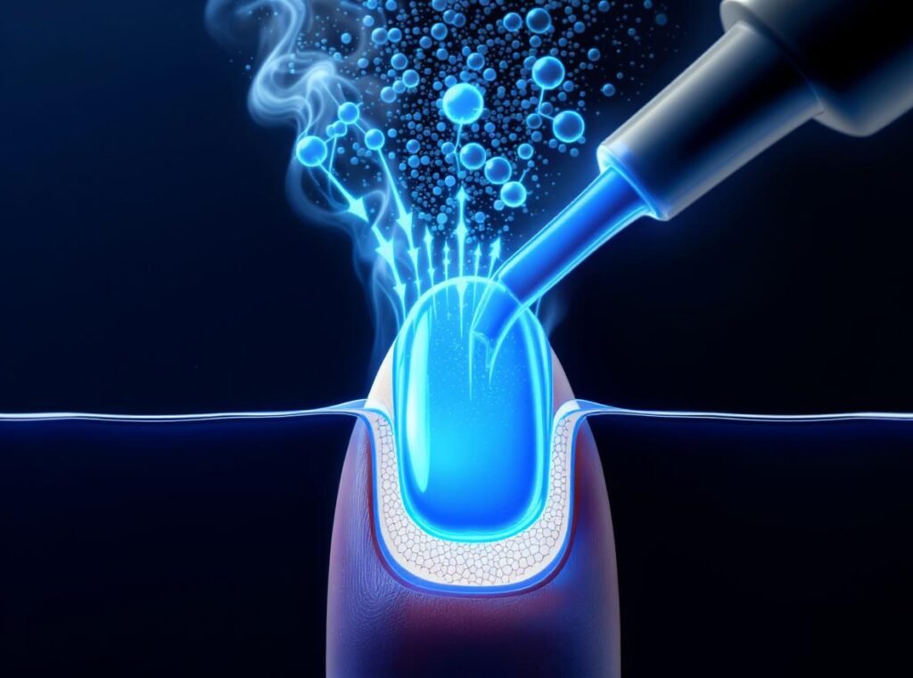 Scientific illustration showing how cool air accelerates nail polish solvent evaporation