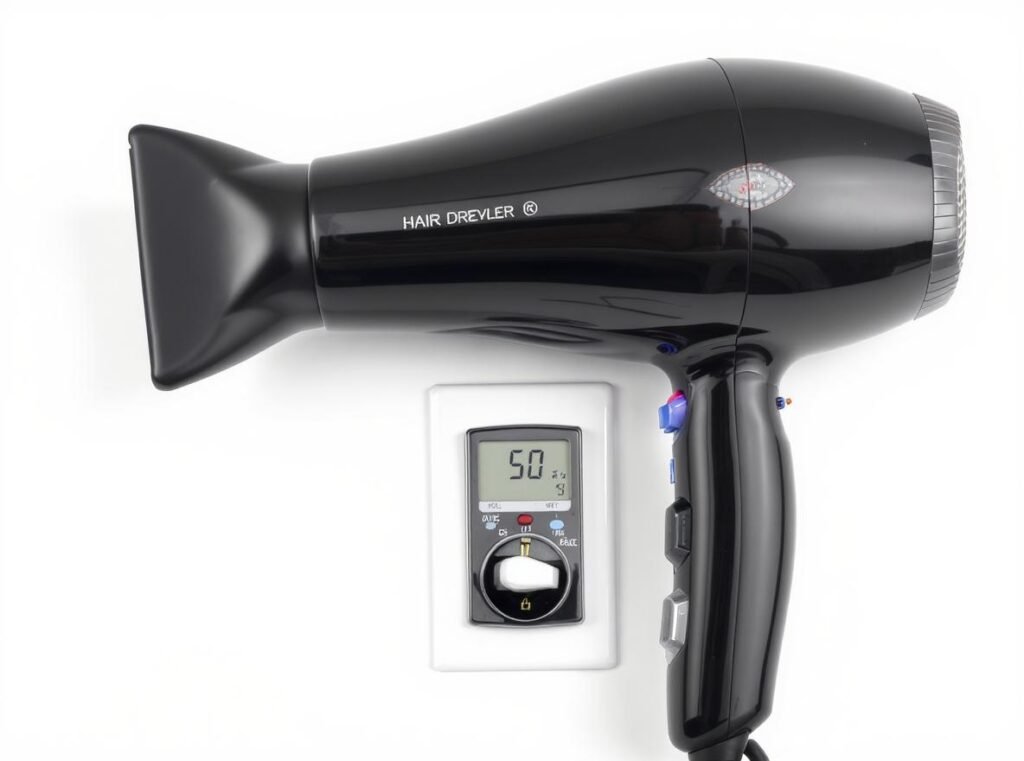 Hair dryer wattage measurement showing power consumption display