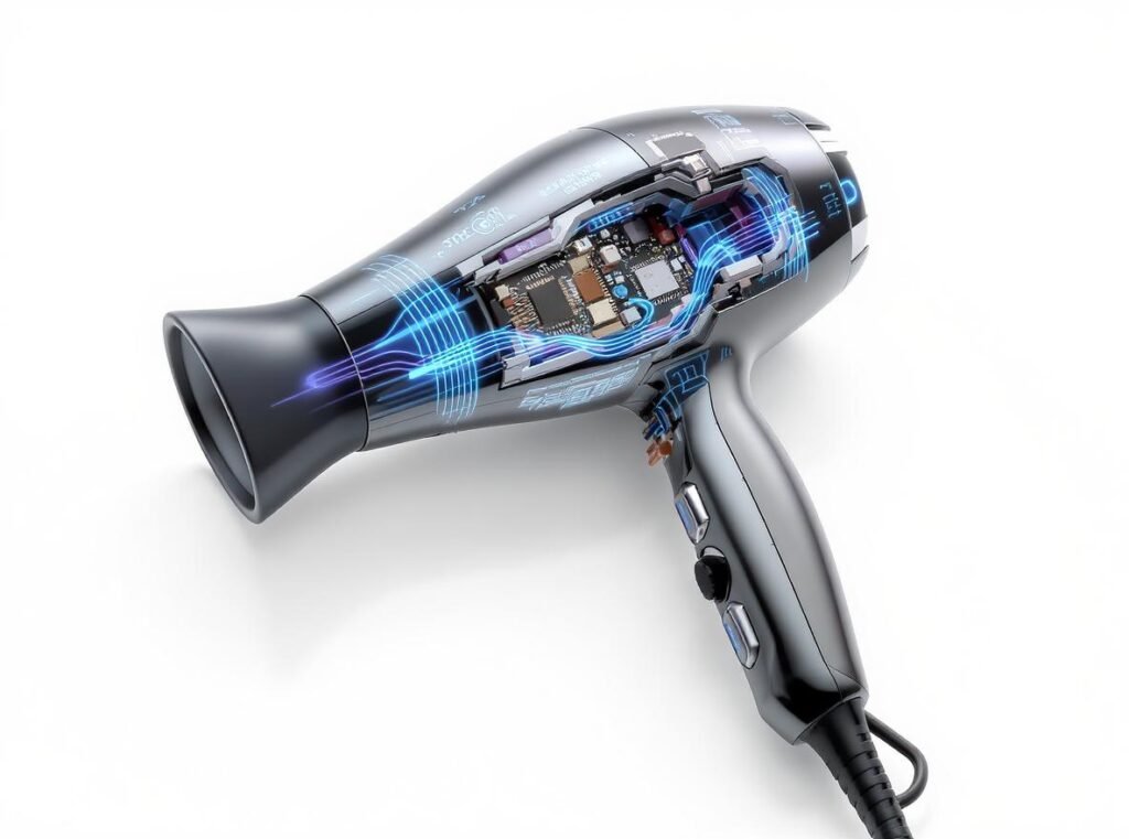 Smart hair dryer internal components showing sensors and technology