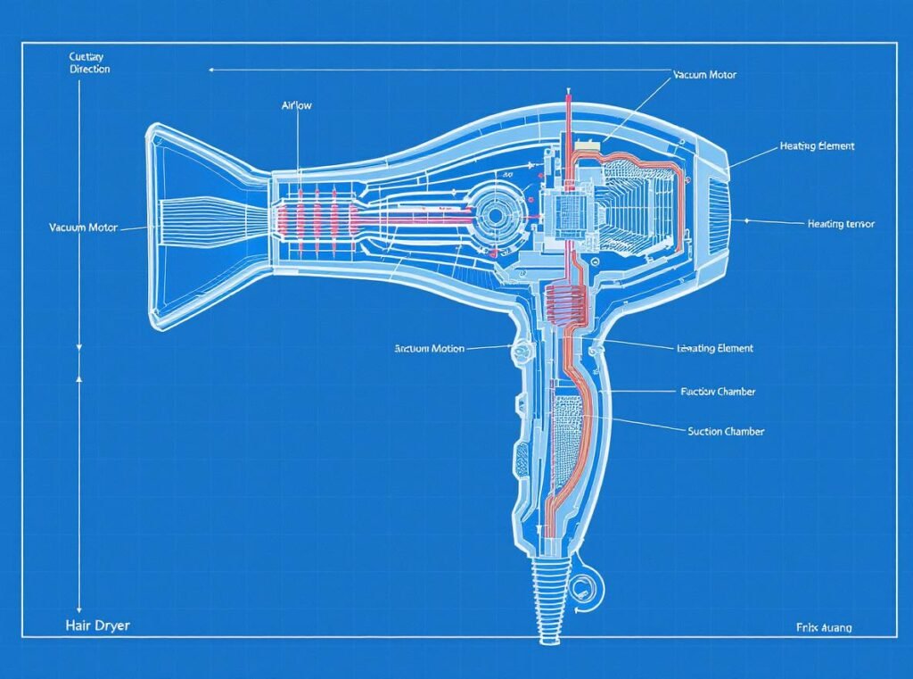 RevAir reverse-air dryer internal mechanism showing vacuum motor heating element and inward airflow technology