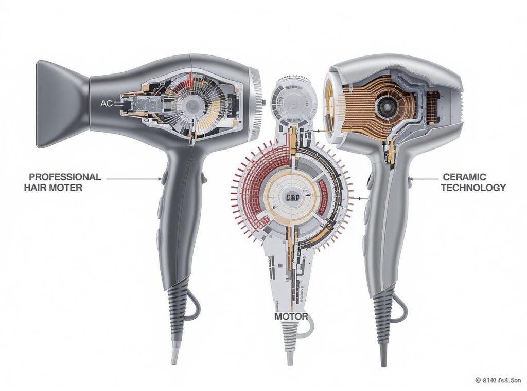 Internal technology comparison between professional and consumer hair dryers showing motor and heating differences
