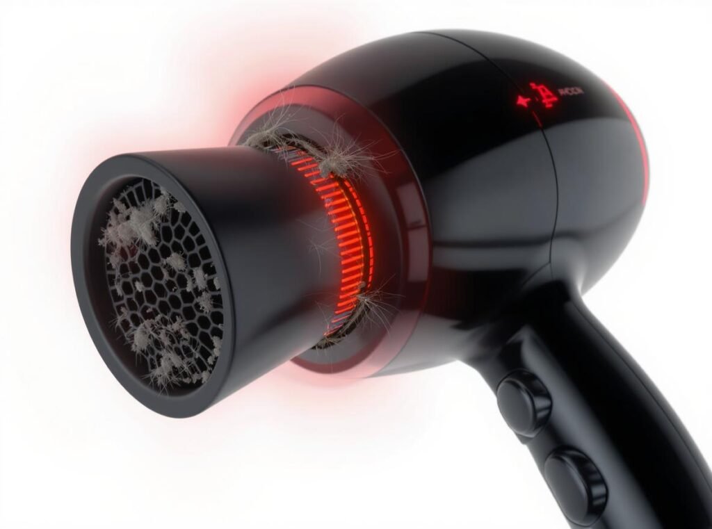 Hair dryer overheating with blocked air intake and thermal safety switch