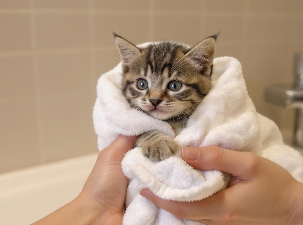 Wet kitten wrapped in towel showing need for proper drying