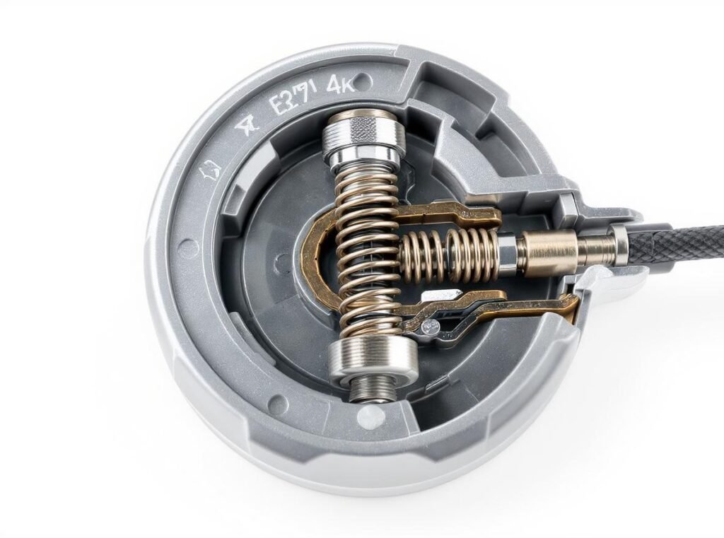 Internal mechanism of retractable cord showing spring and winding components
