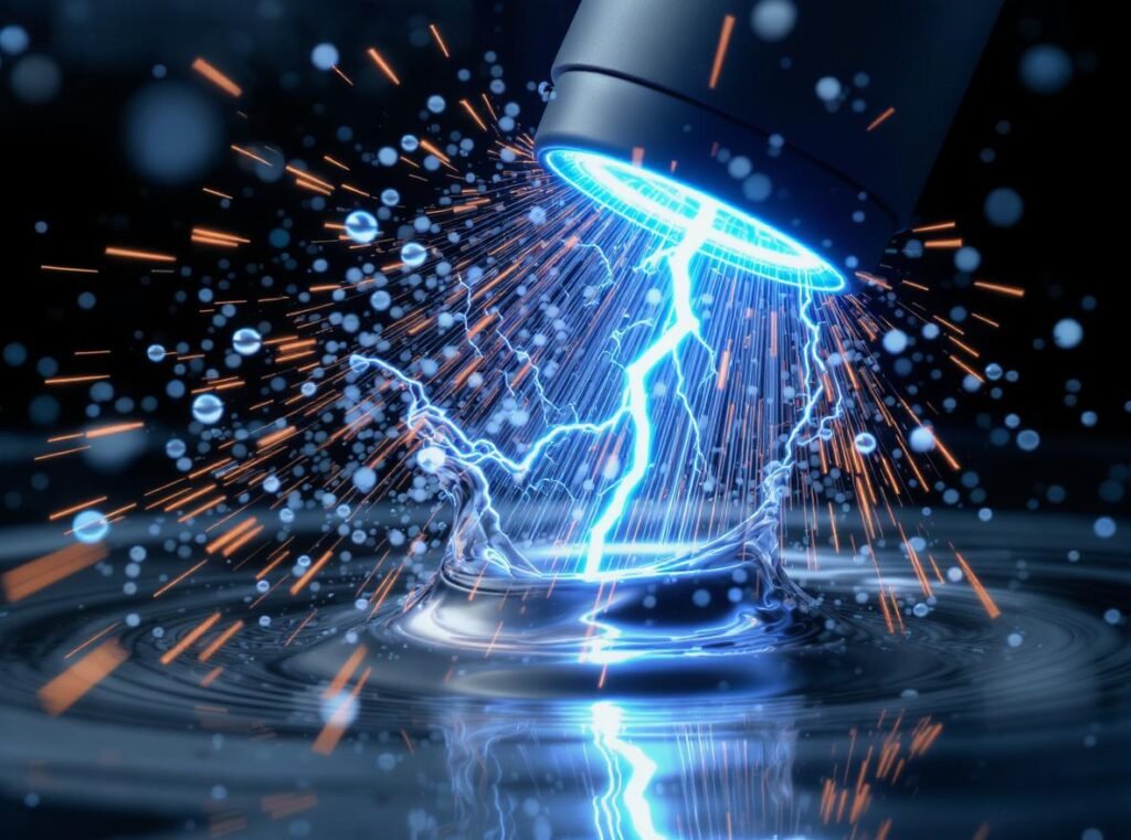 Hair dryer making contact with water showing immediate electrical discharge and sparks