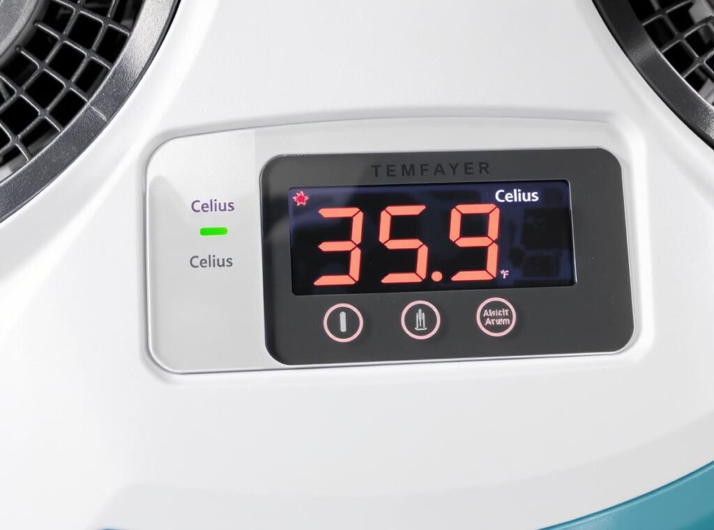 Digital temperature control panel showing safe 35-57°C range for dog hair dryers