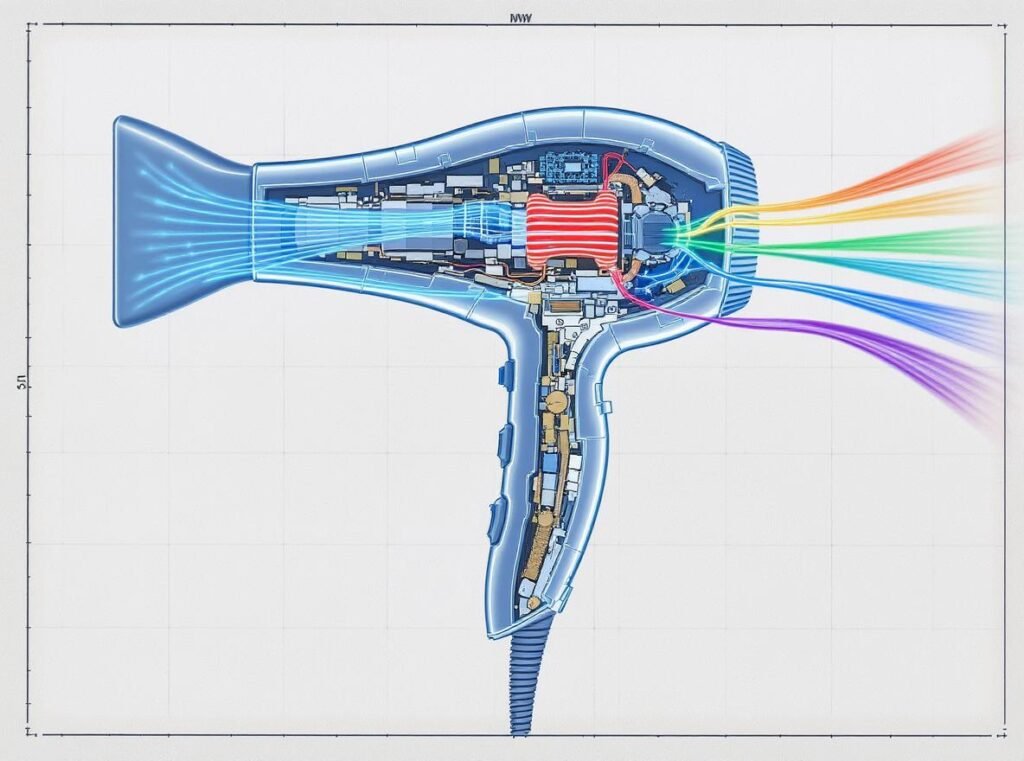 Hair dryer internal components showing different radiation emission sources
