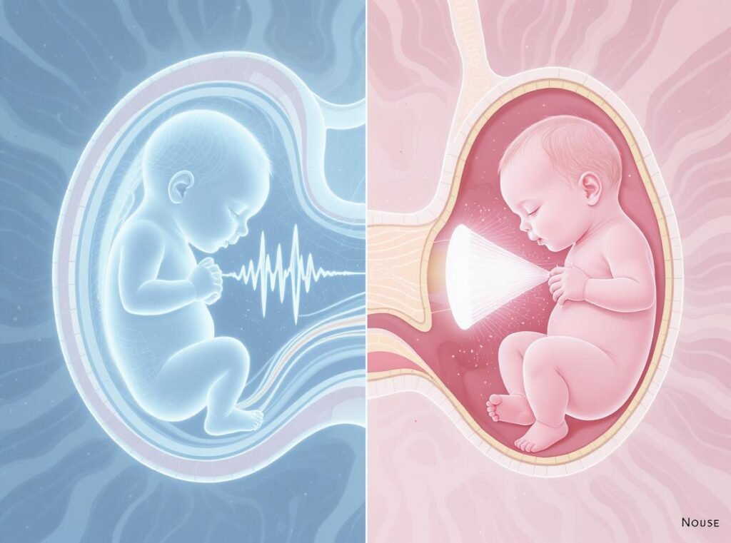 Scientific illustration showing how white noise mimics womb sounds for baby sleep