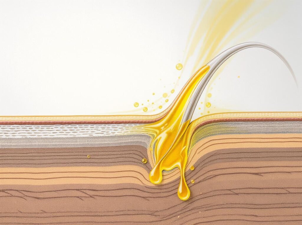 Scientific illustration showing how hair dryers help move natural oils from scalp to hair ends