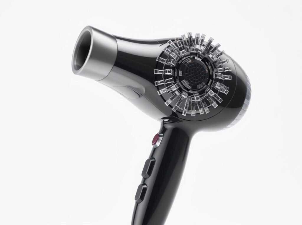 Close-up of hair dryer massage attachment showing mechanical fingers