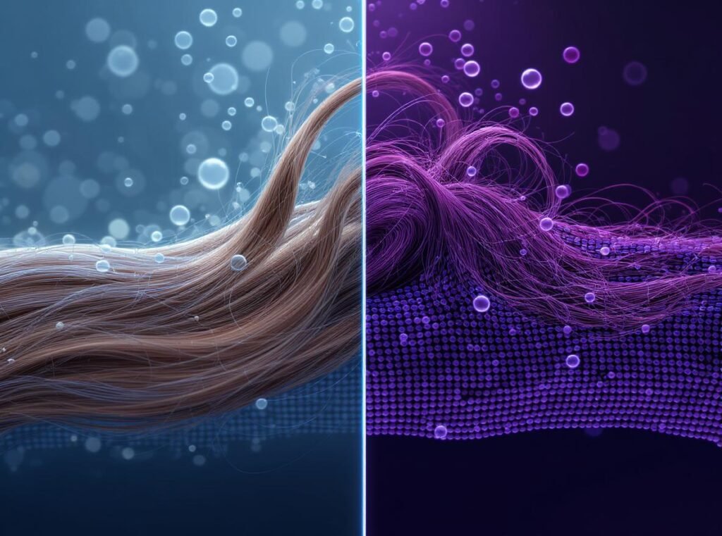 Comparison of healthy hair versus frizzy hair showing effects of monsoon humidity