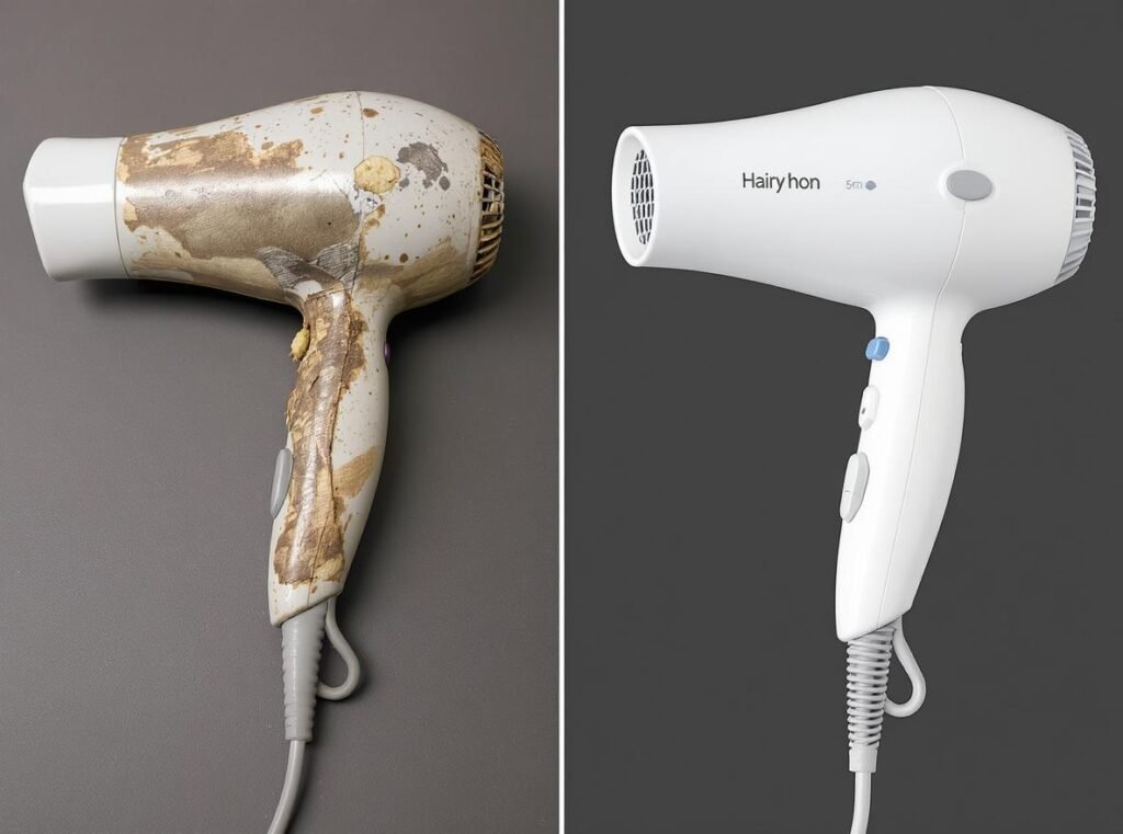 Comparison of damaged vs properly stored hair dryer showing importance of correct storage